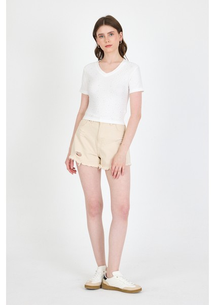 Ekru Taş Işleme Detaylı V Yaka Slim Fit Tişört 0949 modelleri