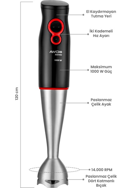 Barmix 3 İn 1 1000 Watt Çıkabilir Çelik Uçlu 3'lü Blender Set