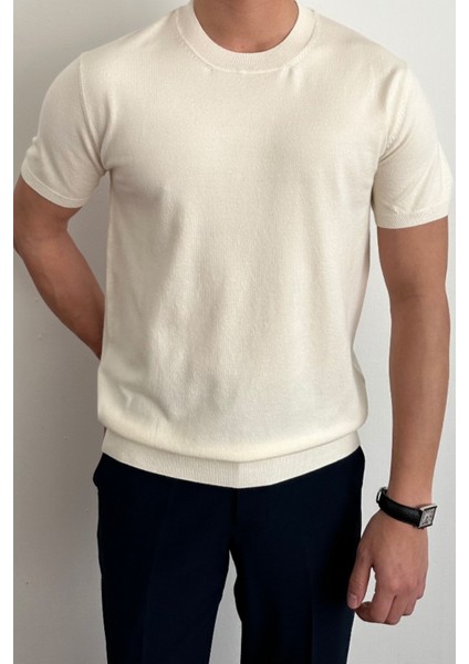 Erkek Beyaz Slim Fit Bisiklet Yaka Triko T-Shirt