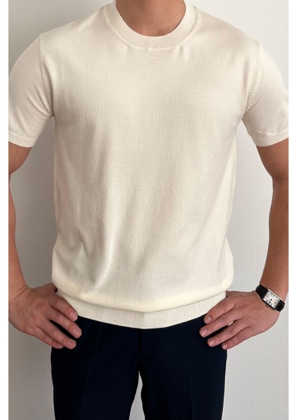 Erkek Beyaz Slim Fit Bisiklet Yaka Triko T-Shirt fiyatları