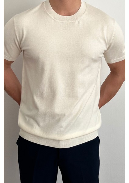 Erkek Beyaz Slim Fit Bisiklet Yaka Triko T-Shirt modelleri