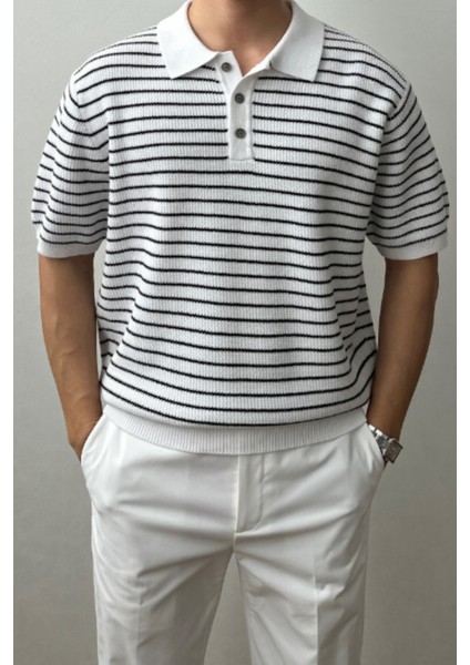 Erkek Beyaz Çizgili Düğmeli Regular Fit Triko T-Shirt