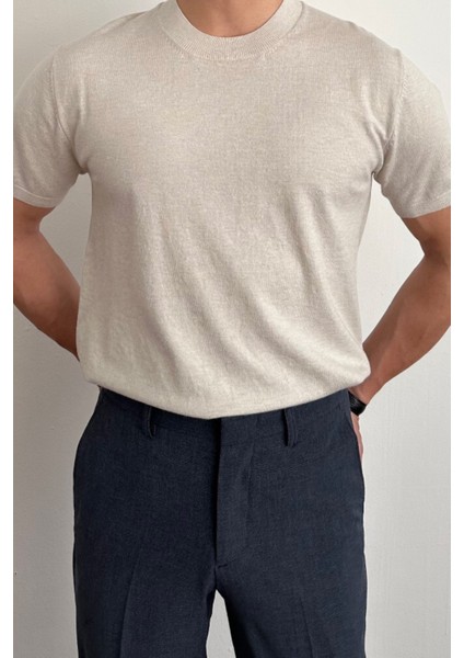 Erkek Bej Slim Fit Bisiklet Yaka Triko T-Shirt