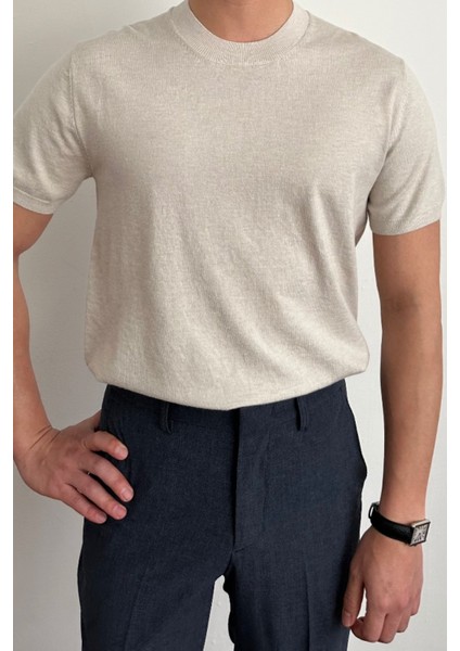 Erkek Bej Slim Fit Bisiklet Yaka Triko T-Shirt fiyatları