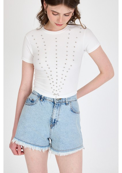 Ekru Bisiklet Yaka Taş Işleme Detaylı Slim Fit Crop Tişört 1149 fiyatları