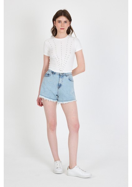 Ekru Bisiklet Yaka Taş Işleme Detaylı Slim Fit Crop Tişört 1149 modelleri