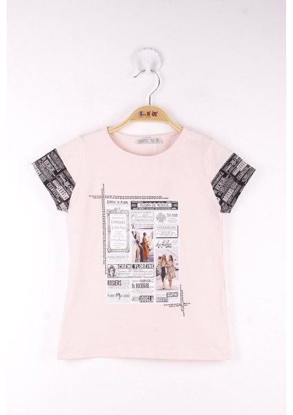 Kız Çocuk Çerçeve Baskılı Taş Işlemeli Tişört