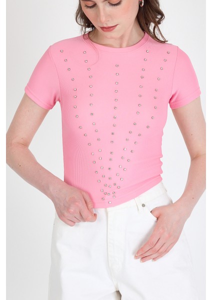 Pembe Bisiklet Yaka Taş Işleme Detaylı Slim Fit Crop Tişört 1149 fırsatları