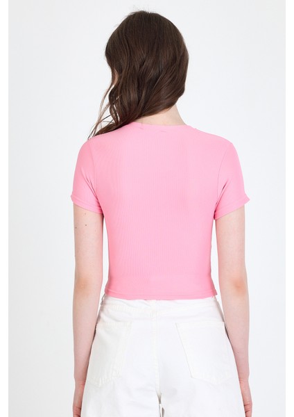 Pembe Bisiklet Yaka Taş Işleme Detaylı Slim Fit Crop Tişört 1149 indirimleri