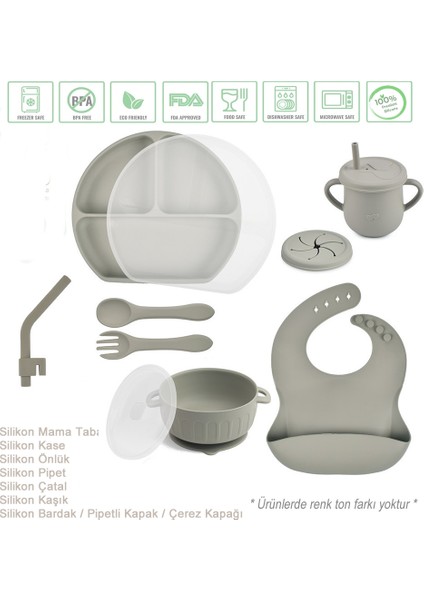 Kapaklı Vakumlu Silikon Beslenme Seti / Gri