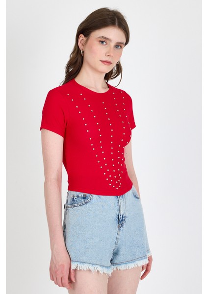 Kırmızı Bisiklet Yaka Taş Işleme Detaylı Slim Fit Crop Tişört 1149