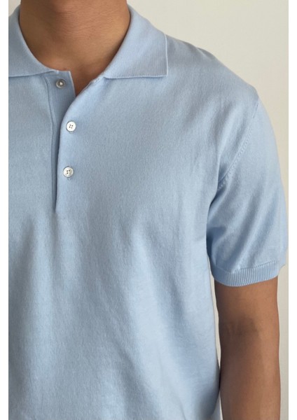 Erkek Mavi Düğmeli Regular Fit Triko T-Shirt modelleri