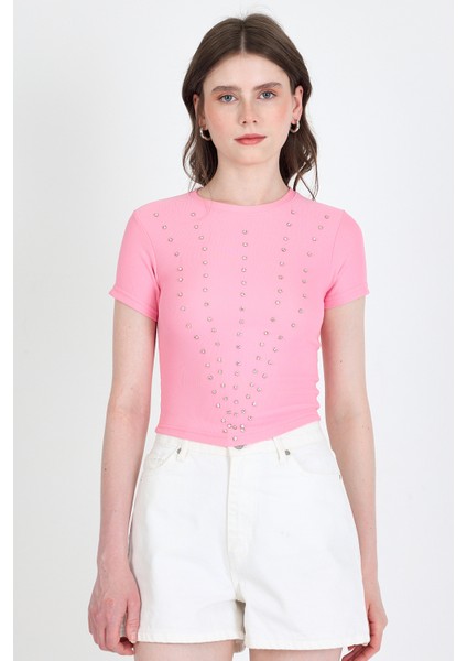 Pembe Bisiklet Yaka Taş Işleme Detaylı Slim Fit Crop Tişört 1149 fiyatları