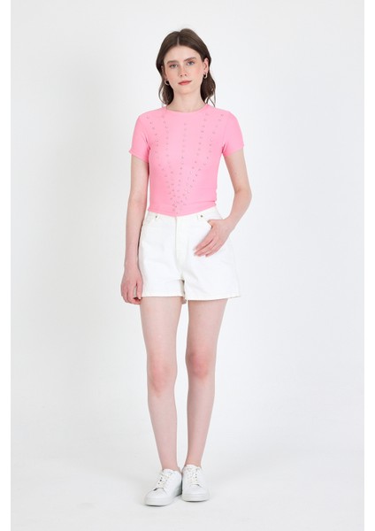 Pembe Bisiklet Yaka Taş Işleme Detaylı Slim Fit Crop Tişört 1149 modelleri