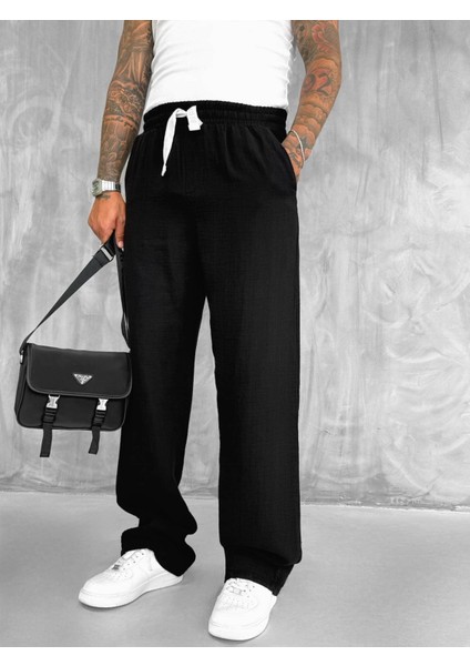 Erkek Rahat Kesim Baggy Fit Müslin Pantolon Siyah