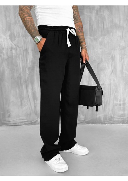 Erkek Rahat Kesim Baggy Fit Müslin Pantolon Siyah modelleri