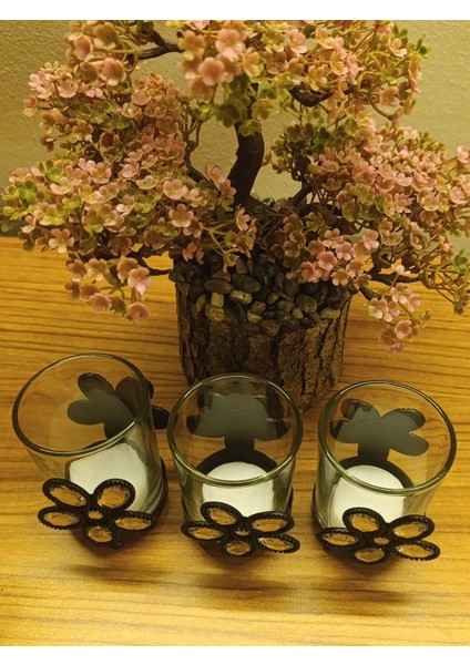 Respira Tealight Mum İçin Metal Ayaklı Taşlı Cam Mumluk Üçlü Set