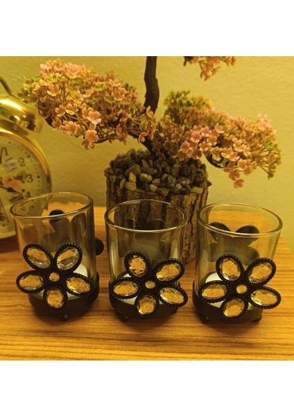 Respira Tealight Mum İçin Metal Ayaklı Taşlı Cam Mumluk Üçlü Set fiyatları