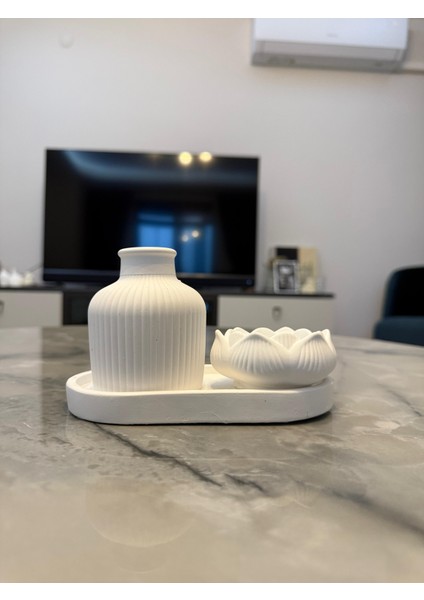 Taş Tozu Vazo Lotus Mumluk Dekoratif Set