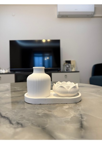 Taş Tozu Vazo Lotus Mumluk Dekoratif Set