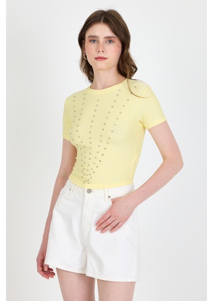 Sarı Bisiklet Yaka Taş Işleme Detaylı Slim Fit Crop Tişört 1149