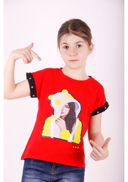 Kız Çocuk Kız Baskılı Kolları Inci Detaylı Tişört