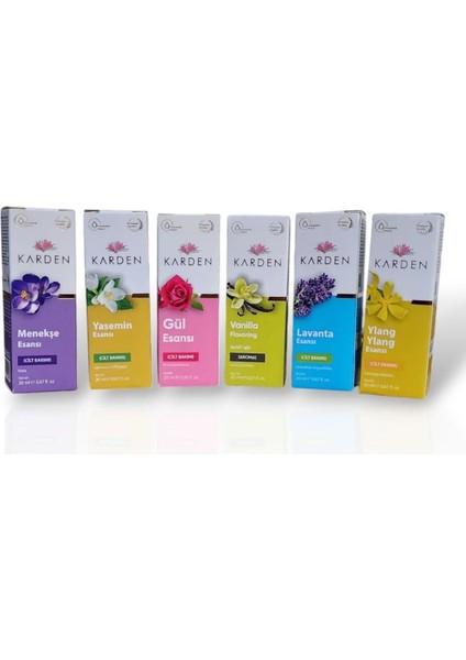 6’lı Karışık Esans Seti – Menekşe, Yasemin, Gül, Lavanta, Vanilya, Ylang Ylang | 20 ml x 6