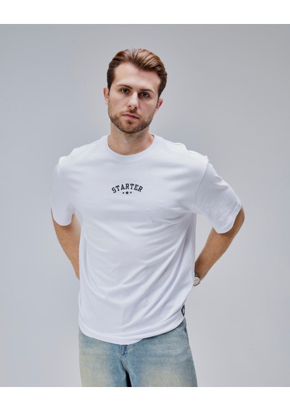 Dymond Beyaz Bisiklet Yaka Baskılı Oversize Erkek Tshirt