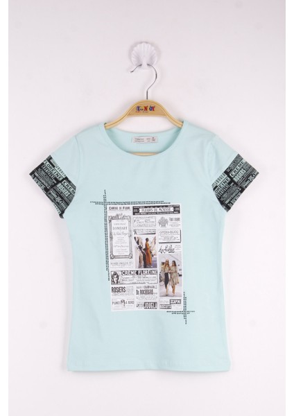 Kız Çocuk Çerçeve Baskılı Taş Işlemeli Tişört