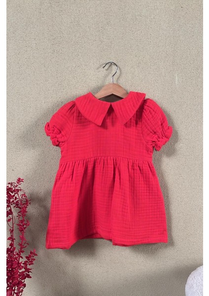 Kız Bebek Kırmızı Müslin Elbise – Yazlık Düğmeli Pamuklu Elbise, %100 Pamuk