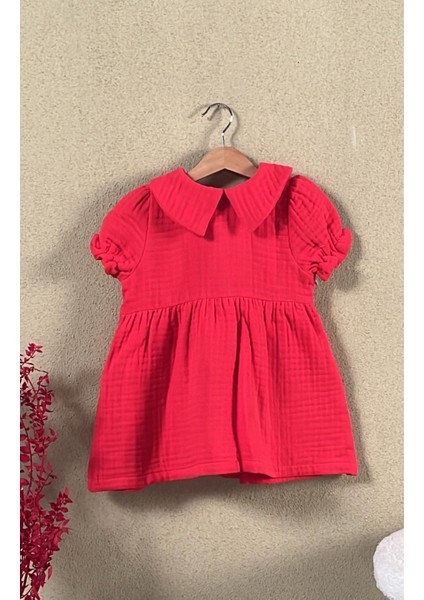 Kız Bebek Kırmızı Müslin Elbise – Yazlık Düğmeli Pamuklu Elbise, %100 Pamuk fiyatları