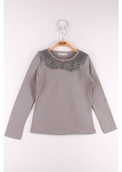 Kız Çocuk Yaka Çiçek Dantelli Okul Tişört