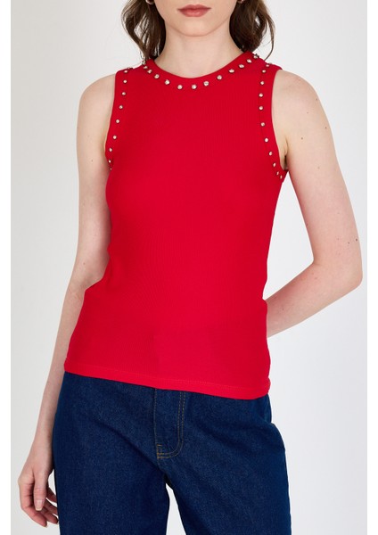 Kırmızı Yaka ve Omuz Taş Detaylı Ribanalı Örme Atlet 1249 modelleri