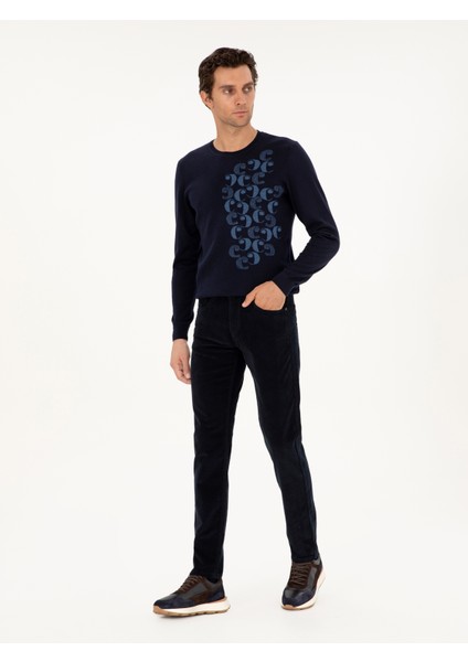 Erkek Lacivert Straight Fit Pamuk Karışımlı Kadife Kanvas Pantolon 50292429-VR033