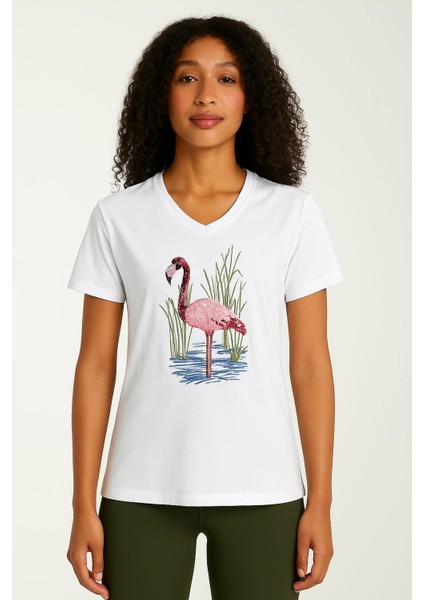 Beyaz Renk Flamingo Nakışlı Tişört