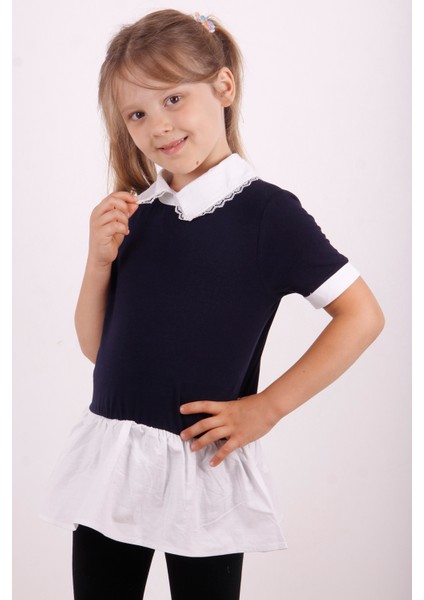Kız Çocuk Gömlek Yaka Dantel Detaylı Tişört