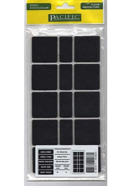 Pacific 6040 Bl Yapışkanlı Keçe 40 mm x 40 mm Siyah