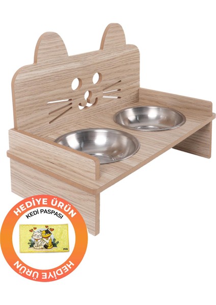 Ahşap Kulaklı Kedi Mama Su Kabı Standı, Kedi Mama Kabı, Kedi Paspası
