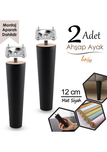 2 Adet Ahşap Ayak 12 cm Siyah M8 Civatalı Bağlantı Aparatlı Dolap Mobilya Koltuk Kanepe Destek Ayağı Ayakları