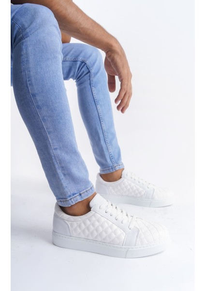 ET166 Prestige Bağcıklı Cilt Kapitone Desenli Erkek Günlük Sneaker Ayakkabı Bt - Beyaz