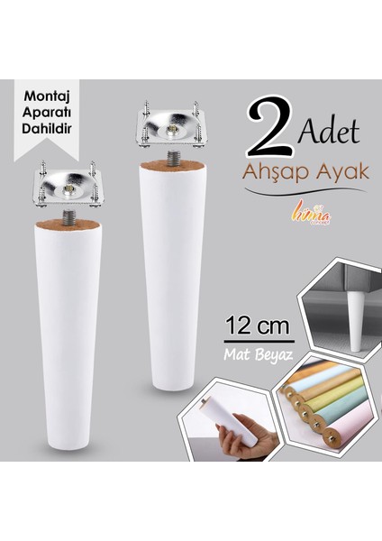 2 Adet Ahşap Ayak 12 cm Beyaz M8 Civatalı Bağlantı Aparatlı Dolap Mobilya Koltuk Kanepe Destek Ayağı Ayakları