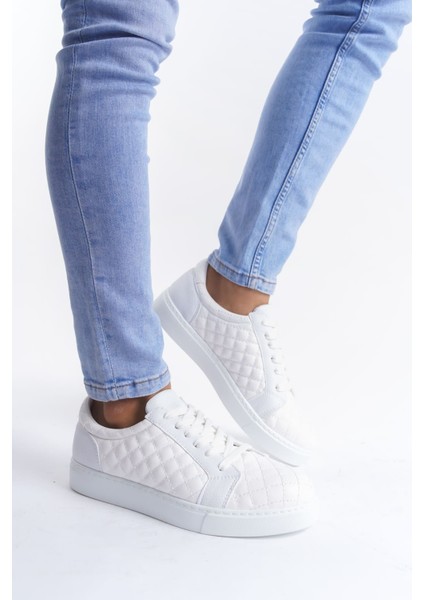 ET166 Prestige Bağcıklı Cilt Kapitone Desenli Erkek Günlük Sneaker Ayakkabı Bt - Beyaz