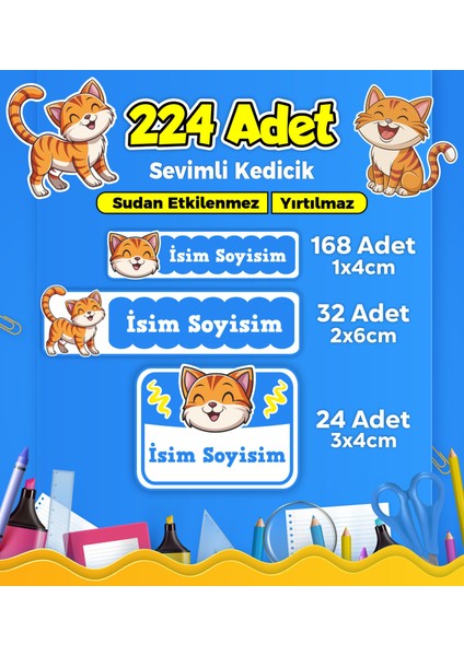 Sevimli Kedi Temalı Okul Kreş Kişiye Özel Isim Etiket Seti - Model 349