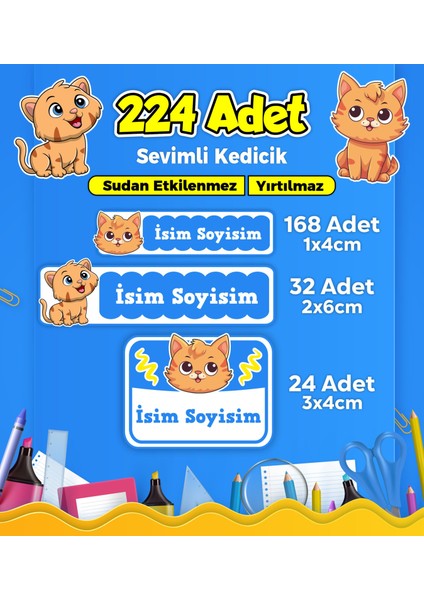 Sevimli Kedi Temalı Okul Kreş Kişiye Özel Isim Etiket Seti - Model 353