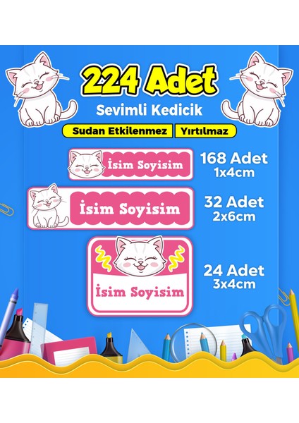 Sevimli Kedi Temalı Okul Kreş Kişiye Özel Isim Etiket Seti - Model 356