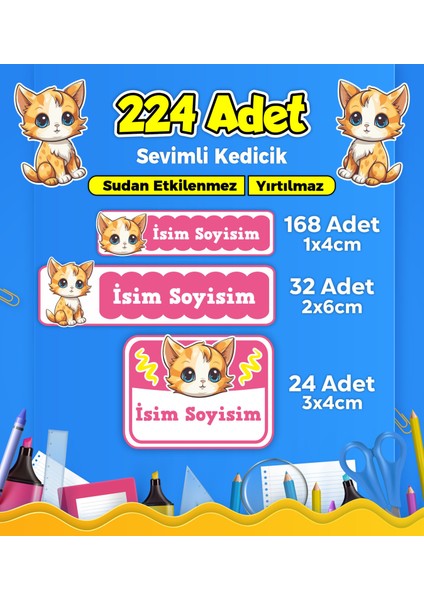 Sevimli Kedi Temalı Okul Kreş Kişiye Özel Isim Etiket Seti - Model 359