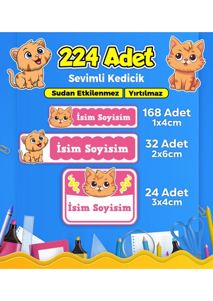 Sevimli Kedi Temalı Okul Kreş Kişiye Özel Isim Etiket Seti - Model 352