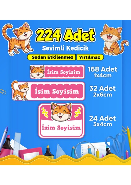 Sevimli Kedi Temalı Okul Kreş Kişiye Özel Isim Etiket Seti - Model 348