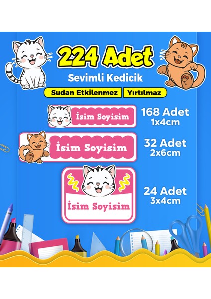 Sevimli Kedi Temalı Okul Kreş Kişiye Özel Isim Etiket Seti - Model 369