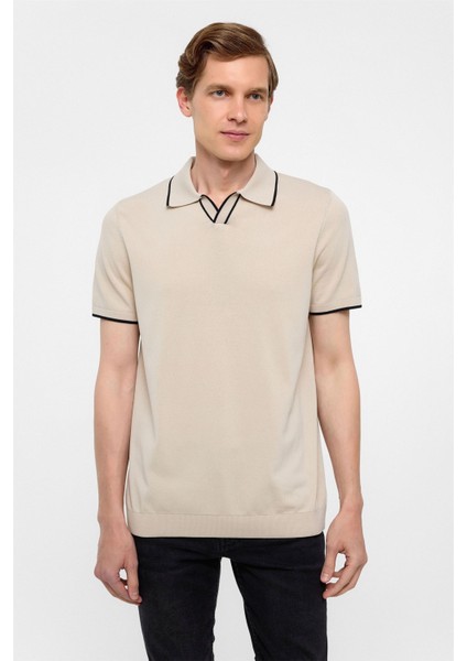 Bej Regular Düz Polo Yaka Triko Tişört